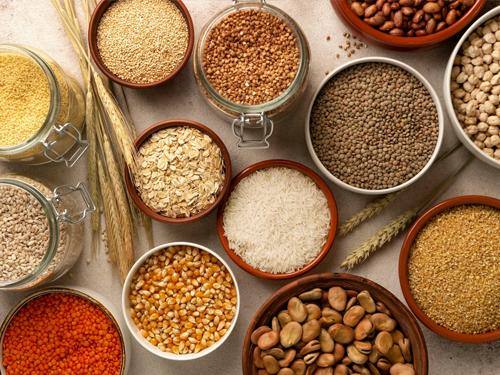 Bowls of grains, pulses and seeds